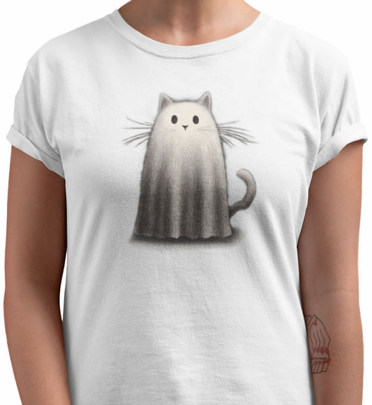 Close-up of Whiskered Phantom cat t-shirt print showing minimalist ghost cat with sharp ears, whiskers, and canvas-inspired texture