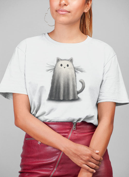 Mockup of classic women’s Whiskered Phantom cat t-shirt with minimalist Halloween ghost cat design by Felinamia