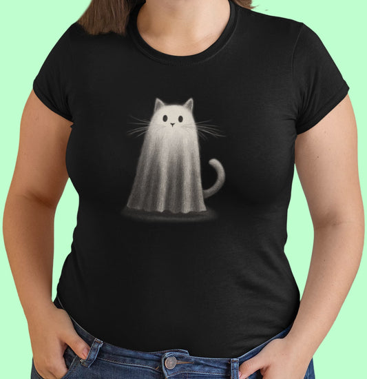 Close-up of Whiskered Phantom cat t-shirt print showing minimalist ghost cat with sharp ears, whiskers, and canvas-inspired texture