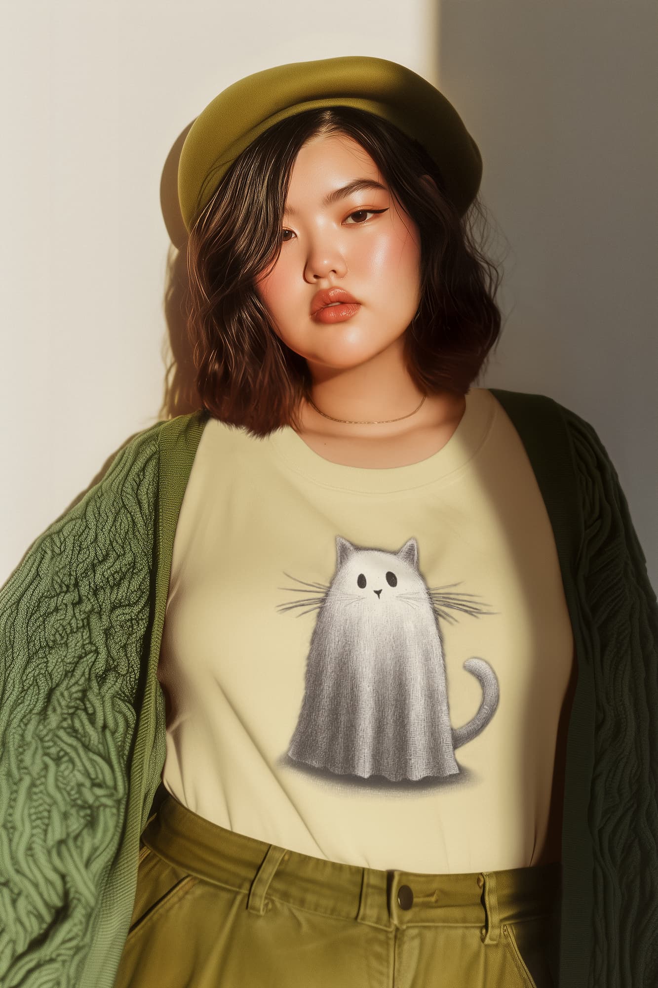 Model wearing classic women’s Whiskered Phantom Halloween t-shirt with subtle and artistic ghost cat design