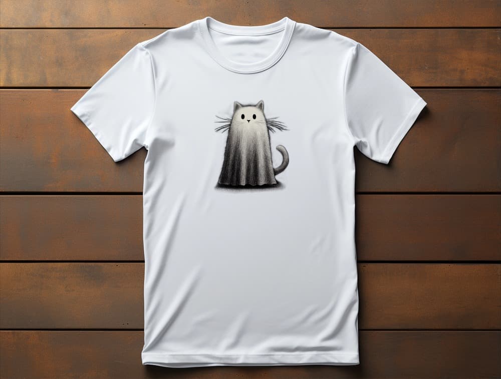 Flat lay of classic women’s Whiskered Phantom t-shirt featuring ghostly cat silhouette with ears and whiskers in vintage graphite style