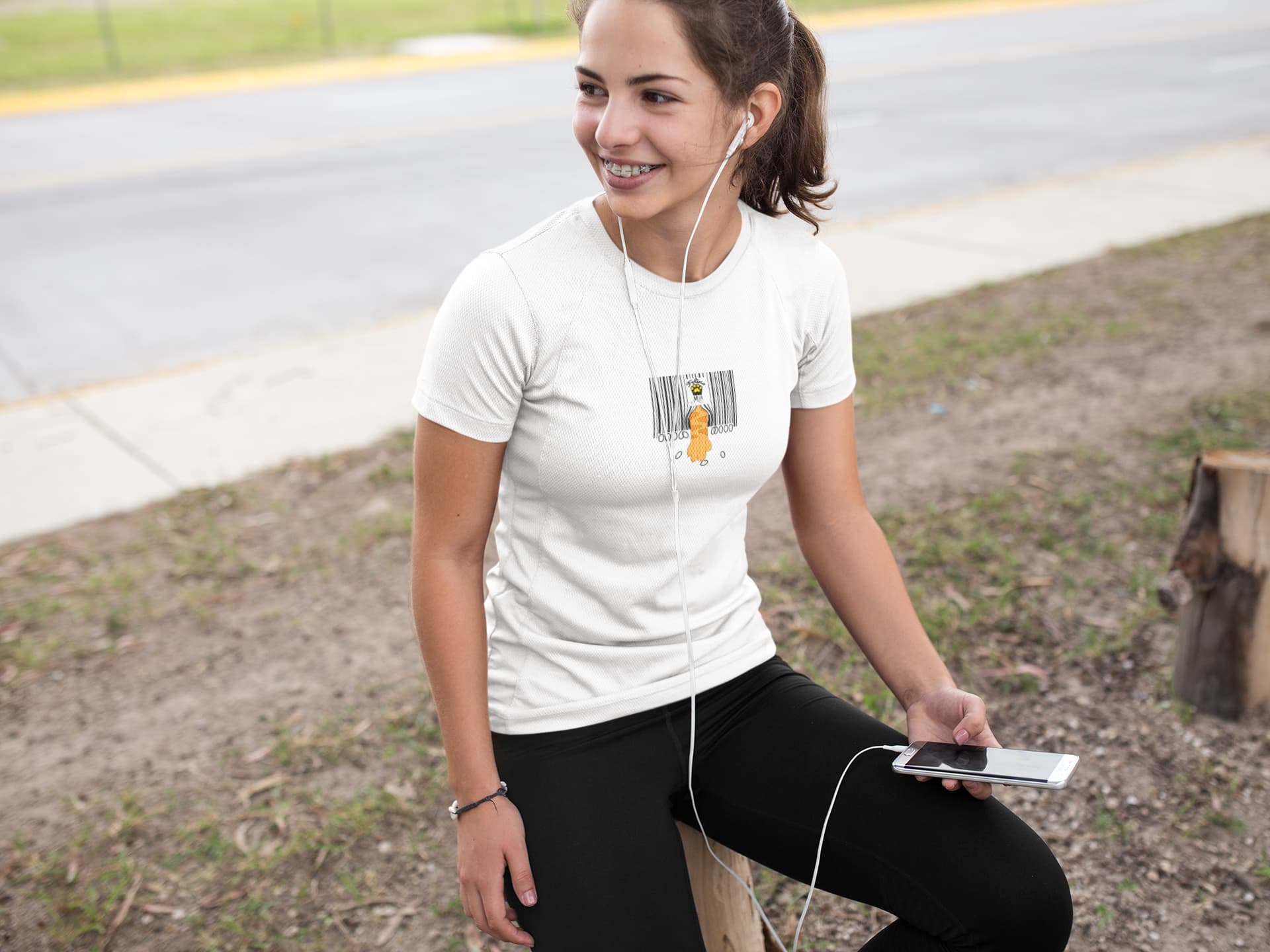 Casual lifestyle look featuring Not For Sale Cat T-Shirt with witty barcode cat paw design.