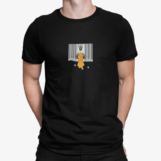 Close-up of Not For Sale Cat T-Shirt – minimalist barcode interrupted by curious cat paw.