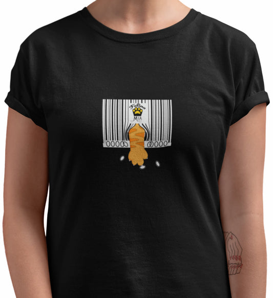 Close-up of Not For Sale Cat T-Shirt – minimalist barcode interrupted by curious cat paw.