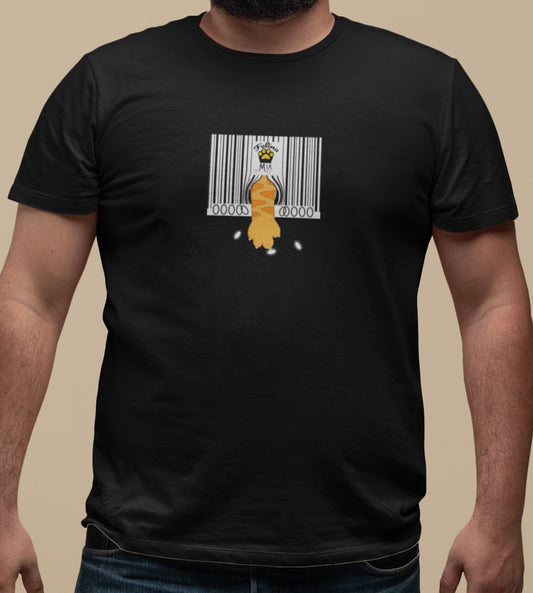 Close-up of Not For Sale Cat T-Shirt – minimalist barcode interrupted by curious cat paw.