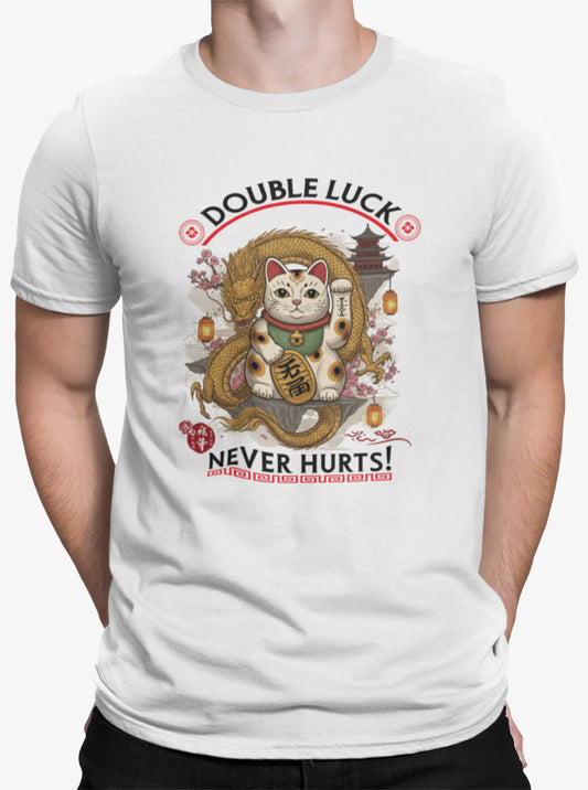 Close-up of Double Luck design – Maneki-neko with Chinese dragon surrounded by sakura blossoms, lanterns and decorative Eastern details.