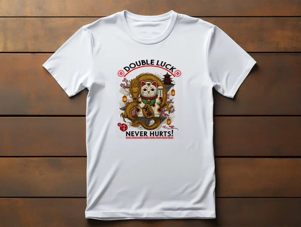 Double Luck T-Shirt – unisex premium design with lucky cat, Chinese dragon, sakura blossoms, lanterns and 'Never Hurts!' phrase.