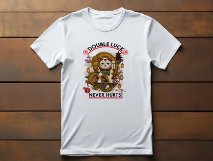 Double Luck T-Shirt – unisex premium design with lucky cat, Chinese dragon, sakura blossoms, lanterns and 'Never Hurts!' phrase.