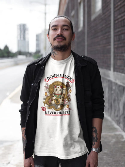 Model wearing Double Luck T-Shirt – unisex premium tee featuring Maneki-neko with Chinese lucky dragon, sakura blossoms, lanterns and Eastern motifs.