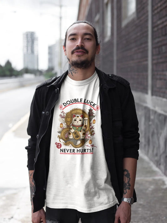Model wearing Double Luck T-Shirt – unisex premium tee featuring Maneki-neko with Chinese lucky dragon, sakura blossoms, lanterns and Eastern motifs.