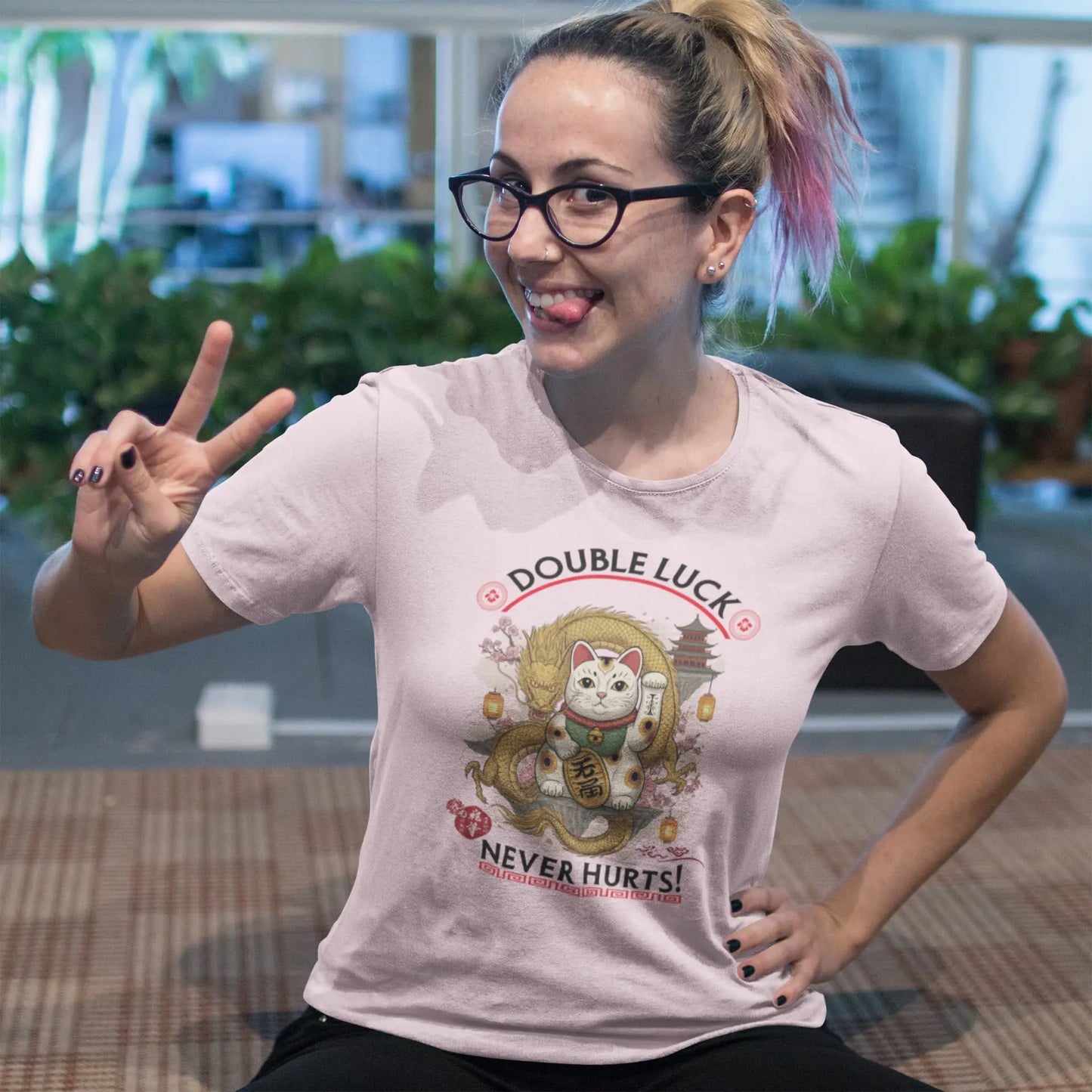 Person wearing Double Luck T-Shirt – bold and vibrant Eastern-inspired design combining Maneki-neko, dragon, and mystical charm.