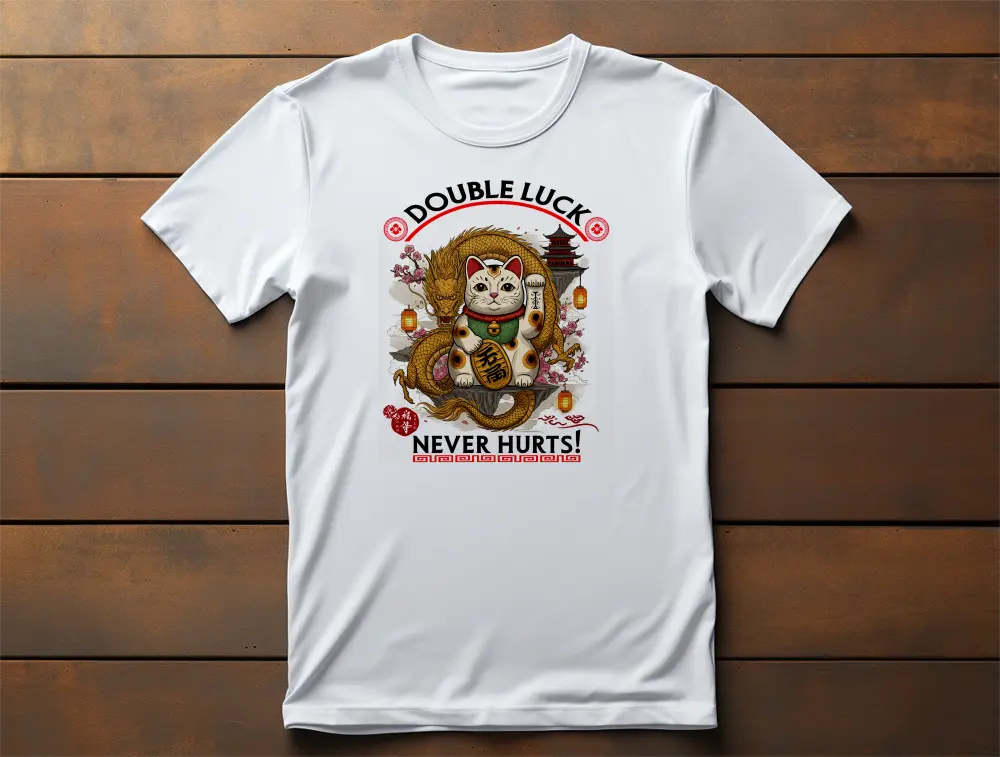 Double Luck T-Shirt – unisex premium design with lucky cat, Chinese dragon, sakura blossoms, lanterns and 'Never Hurts!' phrase.