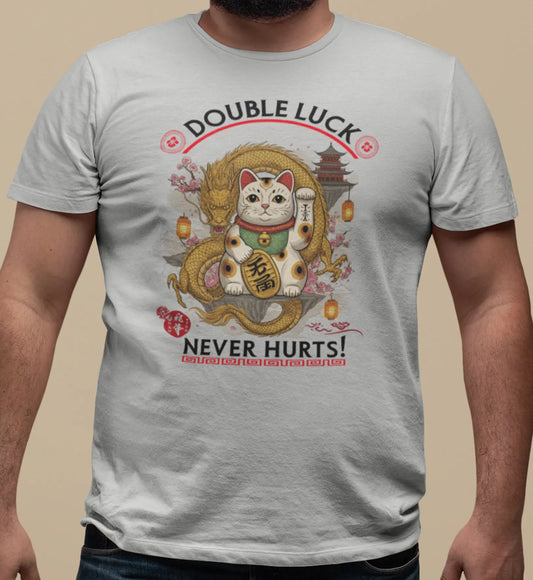 Close-up of Double Luck design – Maneki-neko with Chinese dragon surrounded by sakura blossoms, lanterns and decorative Eastern details.