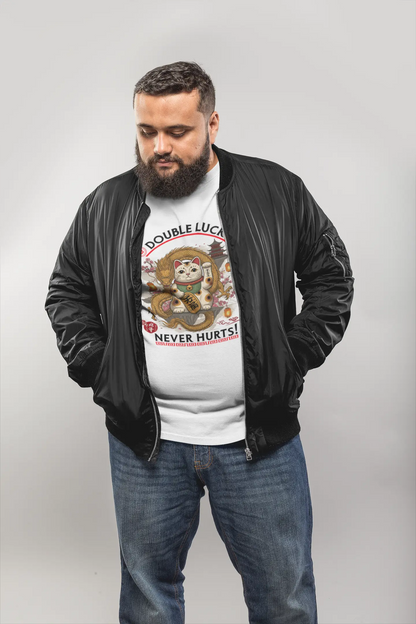Person wearing Double Luck T-Shirt – bold and vibrant Eastern-inspired design combining Maneki-neko, dragon, and mystical charm.