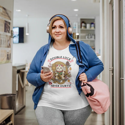 Model wearing Double Luck T-Shirt – unisex premium tee featuring Maneki-neko with Chinese lucky dragon, sakura blossoms, lanterns and Eastern motifs.