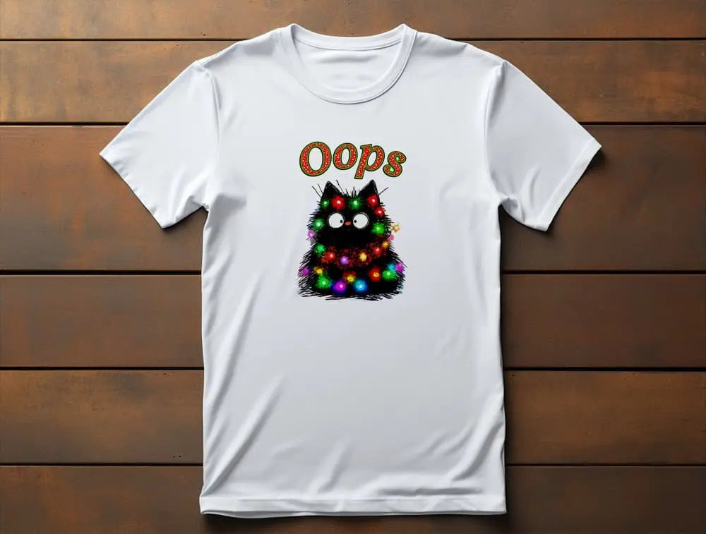 Santa Claws Oops Christmas Cat T-Shirt – festive unisex tee with black cat wrapped in lights and 'Oops' text, perfect for cat lovers.