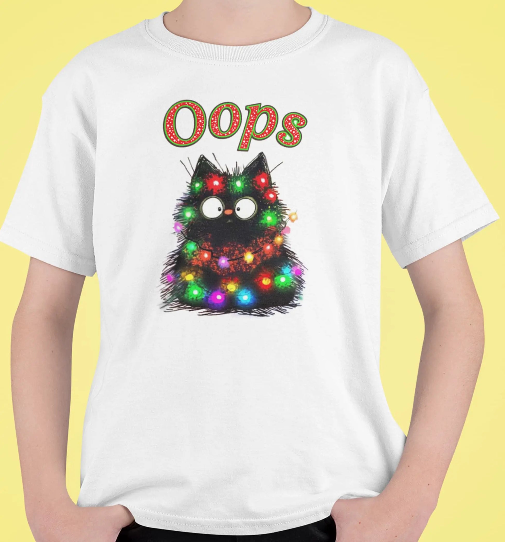 Close-up of Santa Claws Oops design – mischievous black cat tangled in colorful Christmas lights with playful holiday vibe.