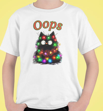 Close-up of Santa Claws Oops design – mischievous black cat tangled in colorful Christmas lights with playful holiday vibe.