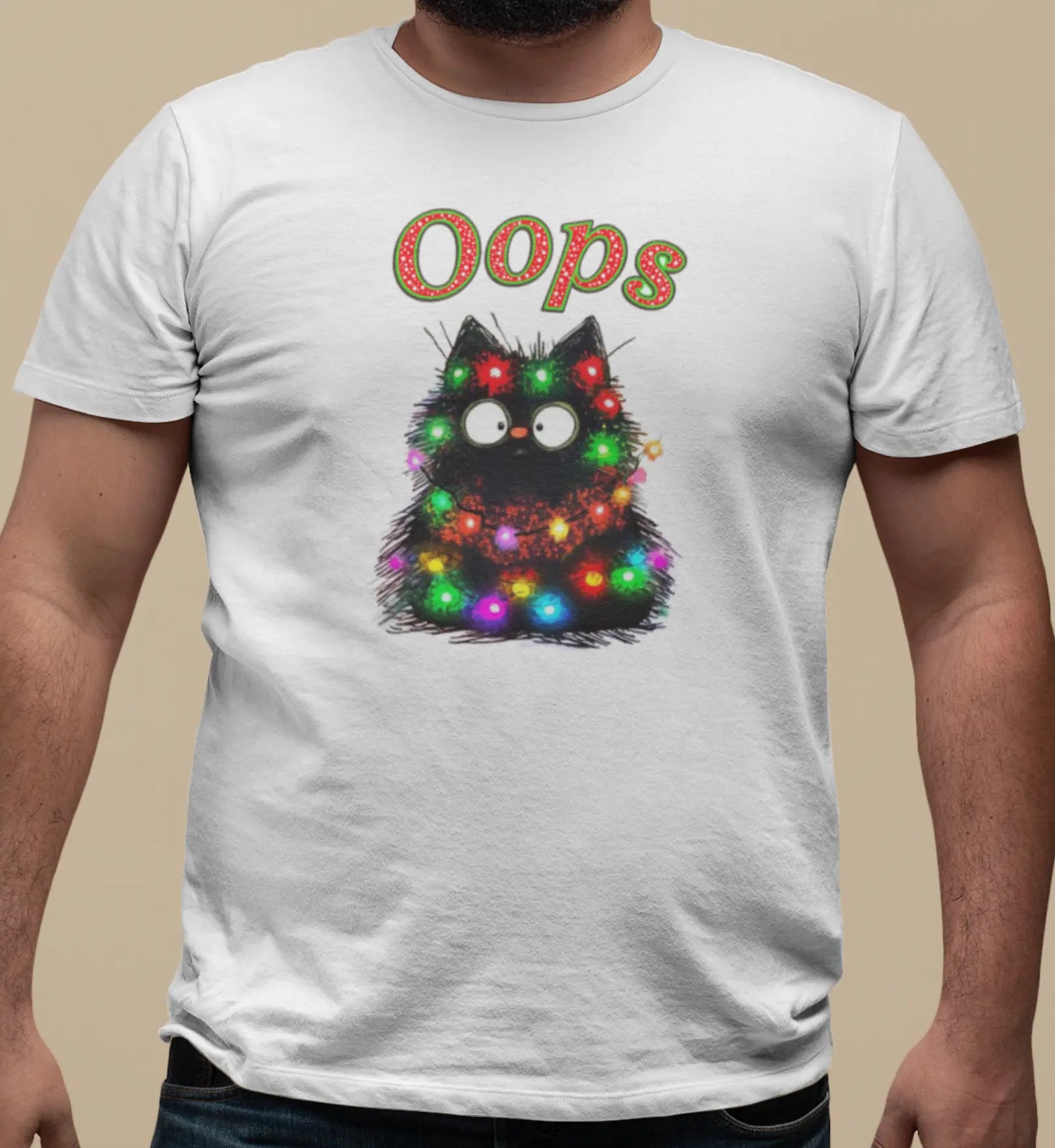 Close-up of Santa Claws Oops design – mischievous black cat tangled in colorful Christmas lights with playful holiday vibe.