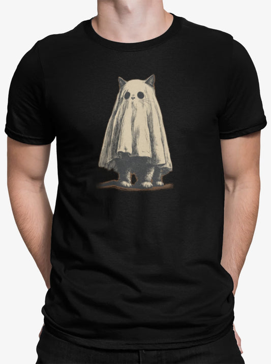 Close-up of Cat-O’-Lantern Kittycat t-shirt print showing pumpkin cat with glowing stars, gray foliage, and tiny pumpkin details