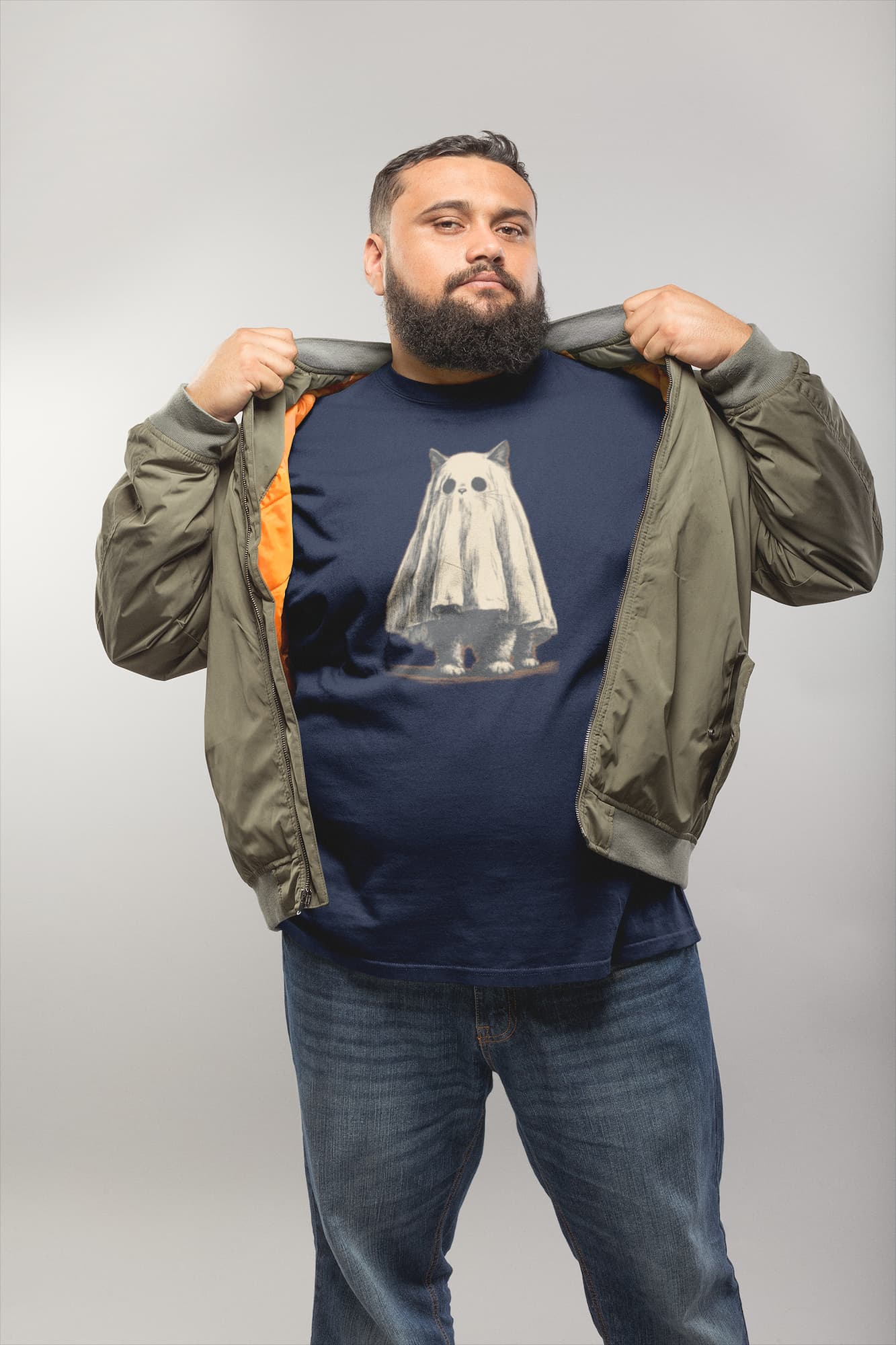 Model wearing classic women’s Cat-O’-Lantern Kittycat t-shirt with playful and artistic Halloween pumpkin cat design