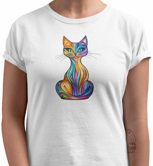 Close-up of Vitralcat t-shirt design showing vibrant stained glass cat artwork with rainbow tones