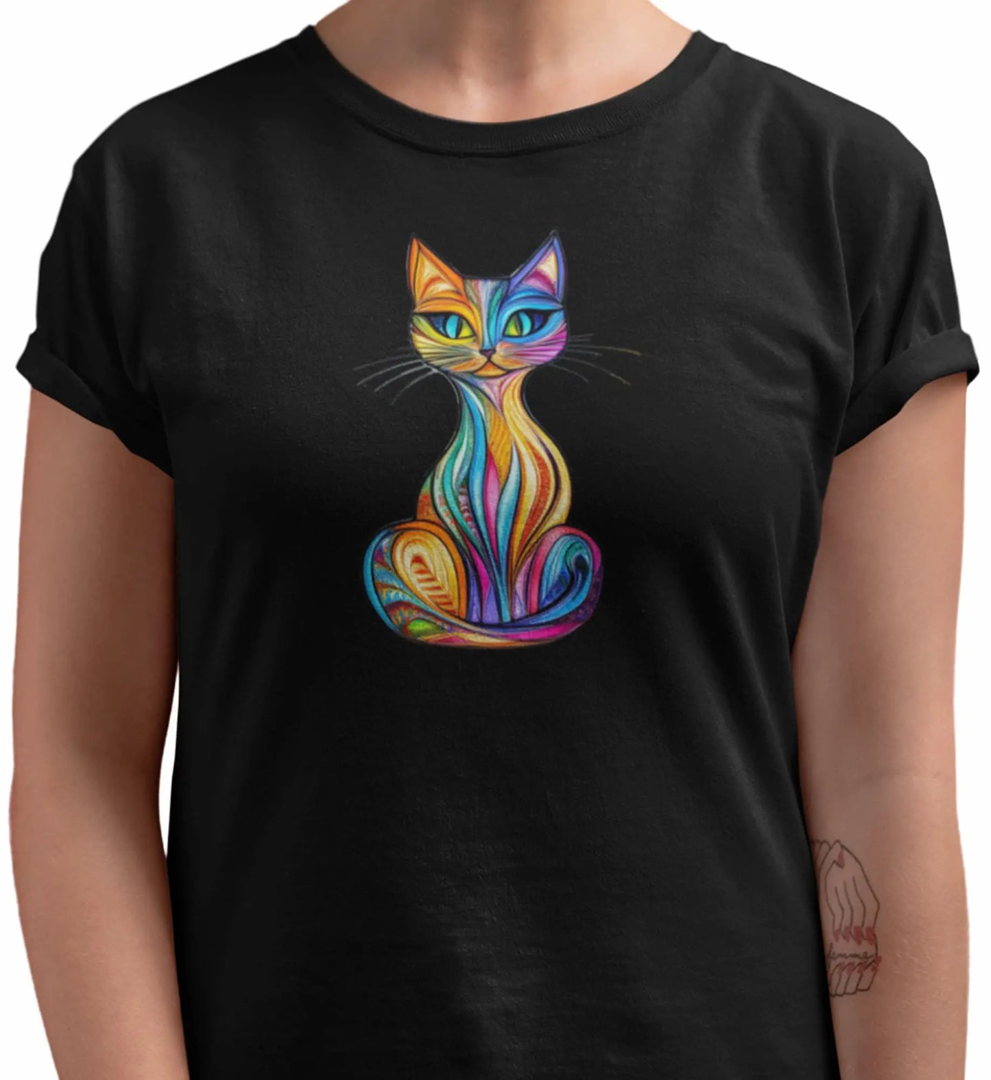 Close-up of Colorlight Cat t-shirt design showing vibrant stained glass cat artwork with rainbow tones