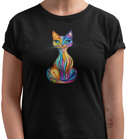 Close-up of Colorlight Cat t-shirt design showing vibrant stained glass cat artwork with rainbow tones