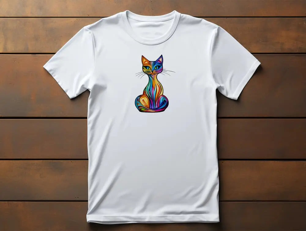 Flat lay of Colorlight Cat classic women’s t-shirt featuring stained glass style colorful cat illustration