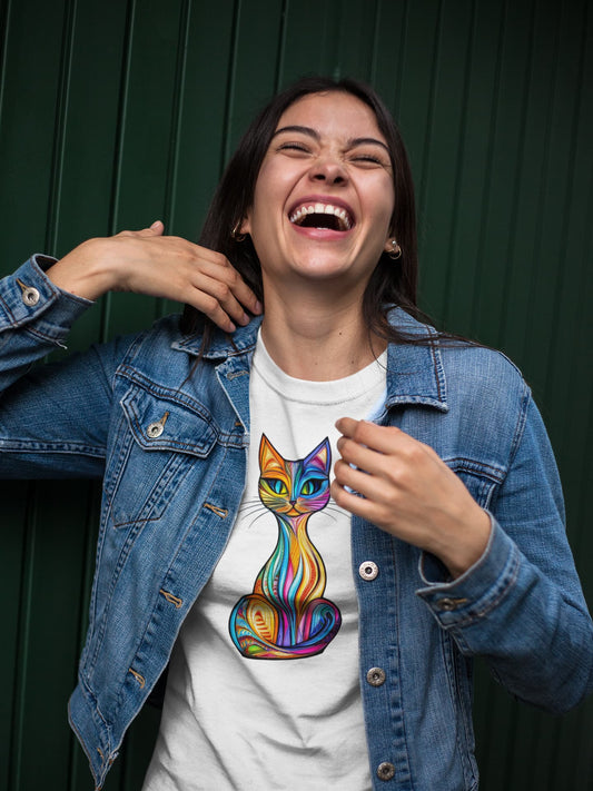 Mockup of Vitralcat stained glass inspired cat t-shirt, colorful artistic graphic tee for women
