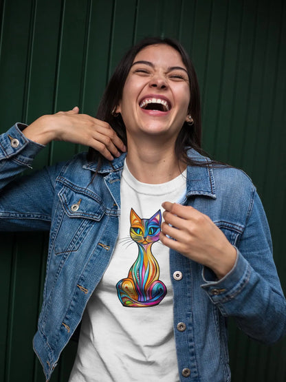 Model wearing Colorlight Cat colorful stained glass inspired cat t-shirt, artistic women’s graphic tee