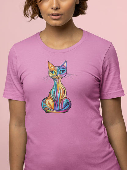 Model wearing Vitralcat colorful stained glass inspired cat t-shirt, artistic women’s graphic tee