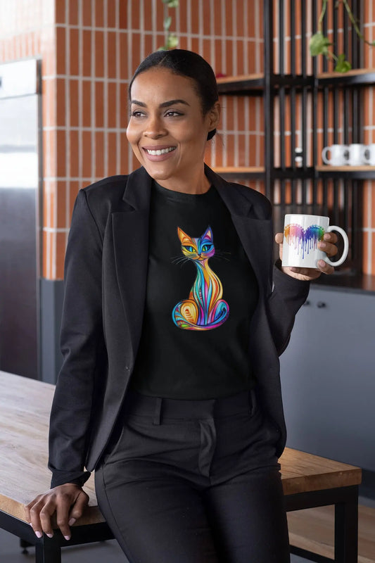 Mockup of Colorlight Cat stained glass inspired cat t-shirt, colorful artistic graphic tee for women