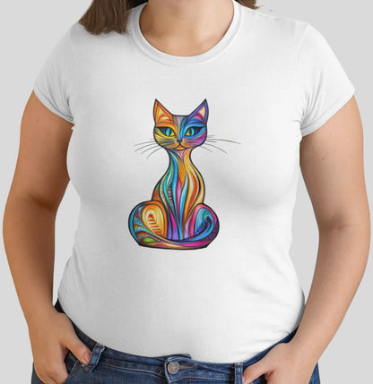 Close-up of Colorlight Cat t-shirt design showing vibrant stained glass cat artwork with rainbow tones