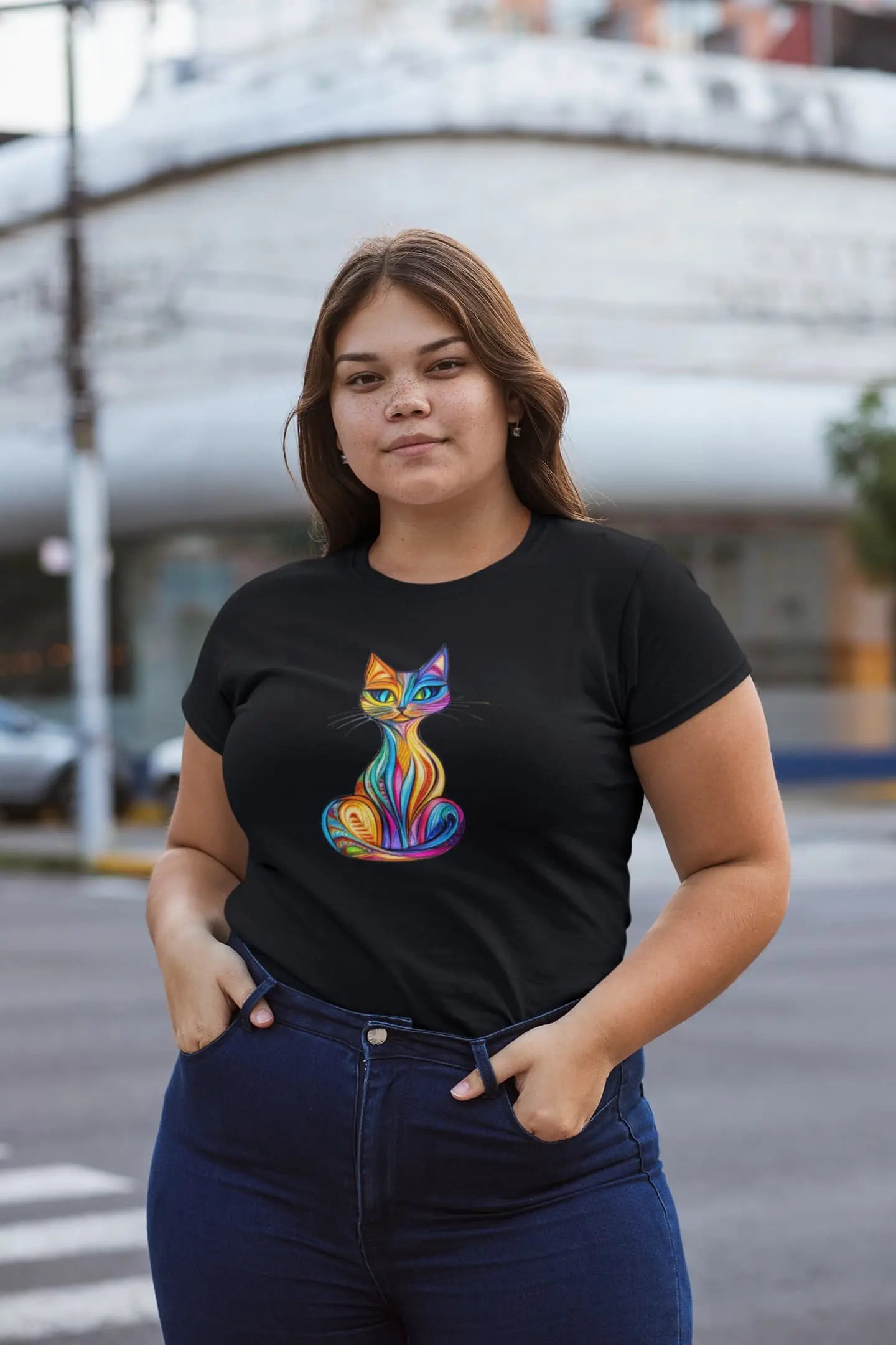 Model wearing Colorlight Cat colorful stained glass inspired cat t-shirt, artistic women’s graphic tee
