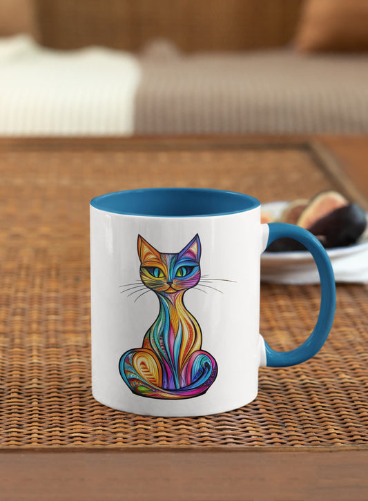 11oz ceramic mug Vitralcat – colorful stained glass inspired cat design, part of Felinamia’s Felinearte collection.