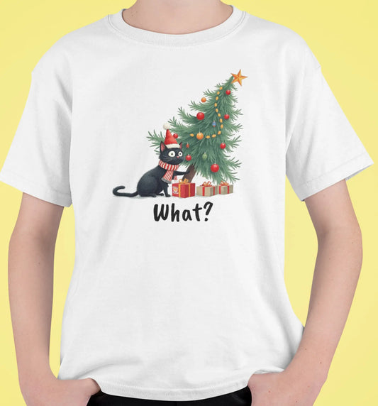 Close-up of Mission: Tree Impossible design – black cat beside a collapsing Christmas tree, soft pastel colors and playful holiday theme.