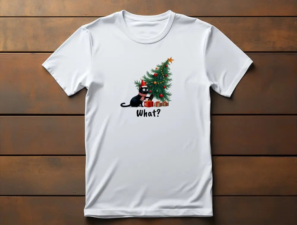 Mission: Tree Impossible Christmas Cat T-Shirt – festive unisex shirt with mischievous black cat toppling decorated Christmas tree, perfect for cat lovers.