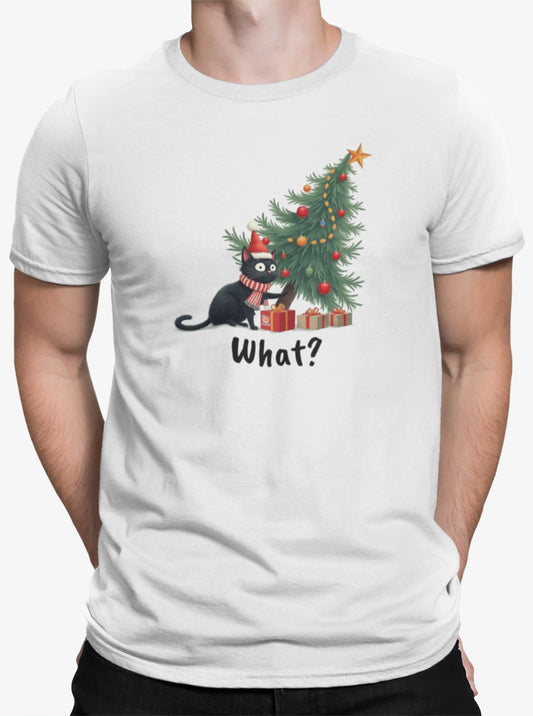 Close-up of Mission: Tree Impossible design – black cat beside a collapsing Christmas tree, soft pastel colors and playful holiday theme.