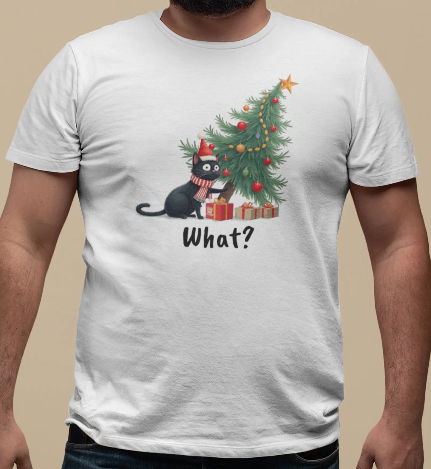 Close-up of Mission: Tree Impossible design – black cat beside a collapsing Christmas tree, soft pastel colors and playful holiday theme.