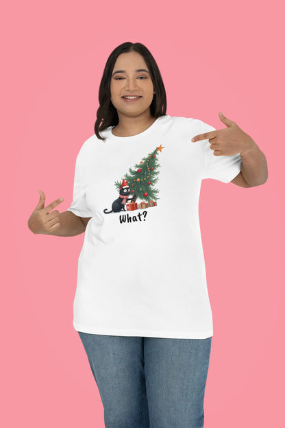 Person wearing Mission: Tree Impossible Cat T-Shirt while setting up Christmas decorations – funny festive tee for cat owners and holiday humor fans.