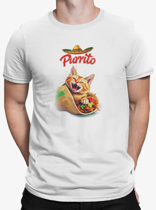 Close-up of Purrito Cat T-Shirt – funny cat burrito illustration with sombrero and spicy humor.