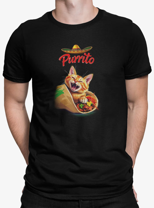 Close-up of Purrito Cat T-Shirt – funny cat burrito illustration with sombrero and spicy humor.
