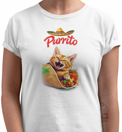 Close-up of Purrito Cat T-Shirt – funny cat burrito illustration with sombrero and spicy humor.