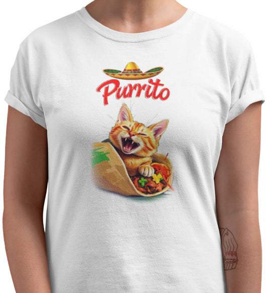 Close-up of Purrito Cat T-Shirt – funny cat burrito illustration with sombrero and spicy humor.