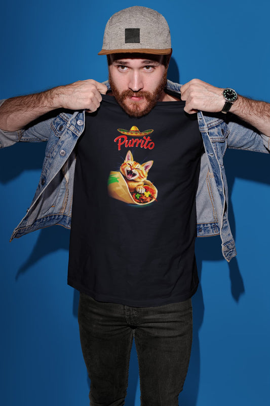 Model wearing Purrito Cat T-Shirt – funny burrito cat design with sombrero, unisex premium tee.