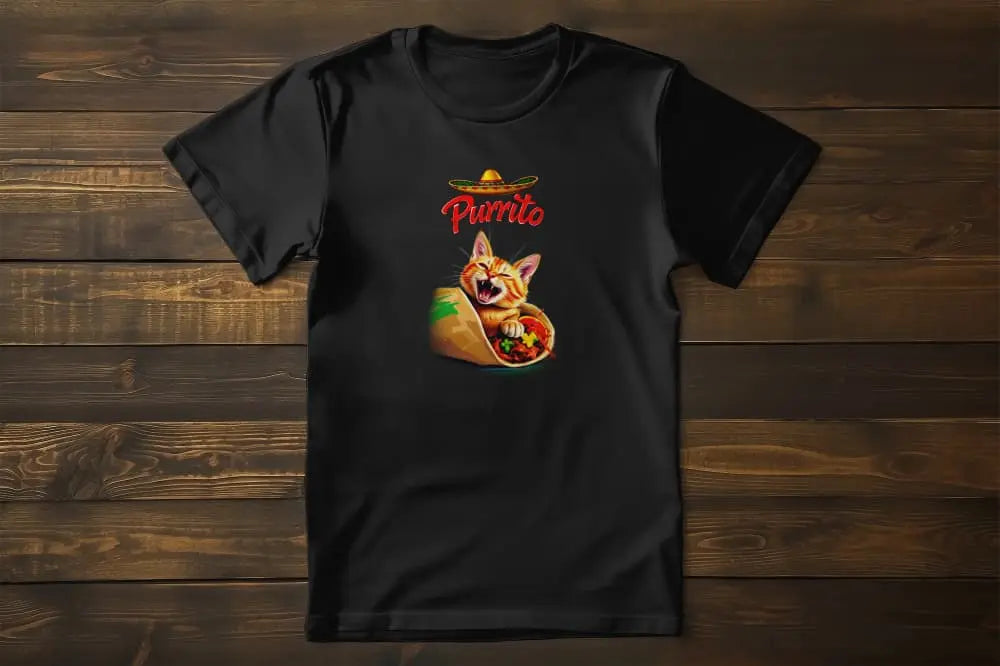 Purrito Cat T-Shirt – cheerful cat wrapped like a burrito wearing Mexican sombrero, unisex graphic shirt.