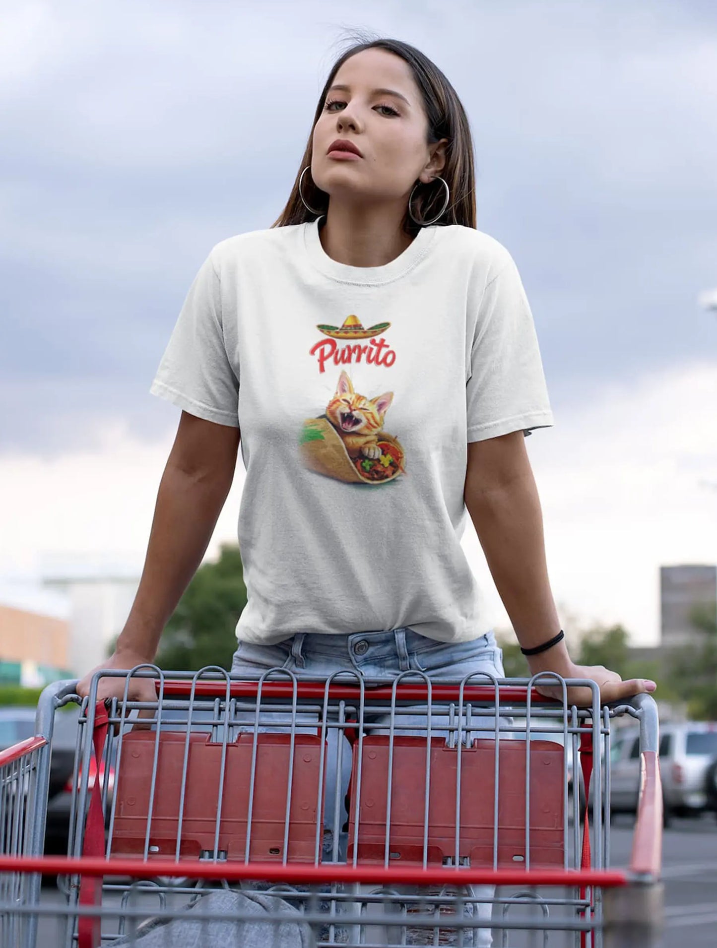 Model wearing Purrito Cat T-Shirt – funny burrito cat design with sombrero, unisex premium tee.