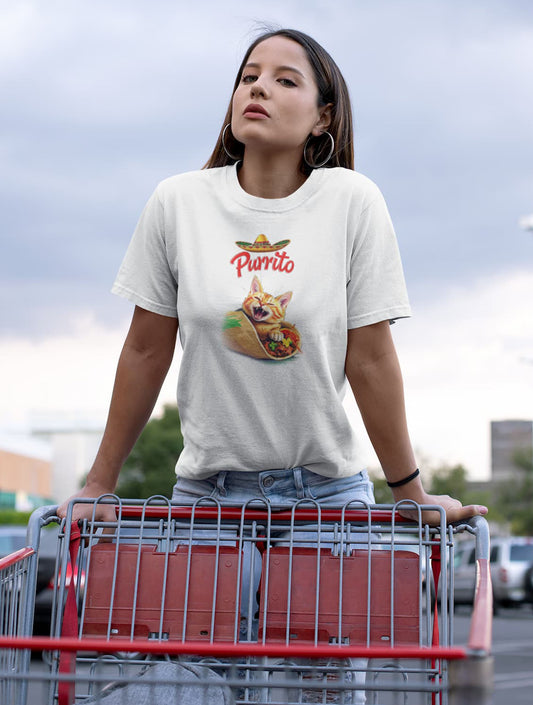 Model wearing What? Funny Cat T-Shirt – minimalist sarcastic cat design, premium unisex crewneck.