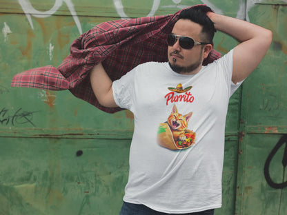 Model wearing Purrito Cat T-Shirt – funny burrito cat design with sombrero, unisex premium tee.